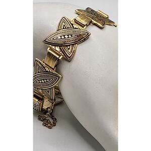 Vintage Gold Tone Geometric Panel Bracelet Etched Links Safety Chain